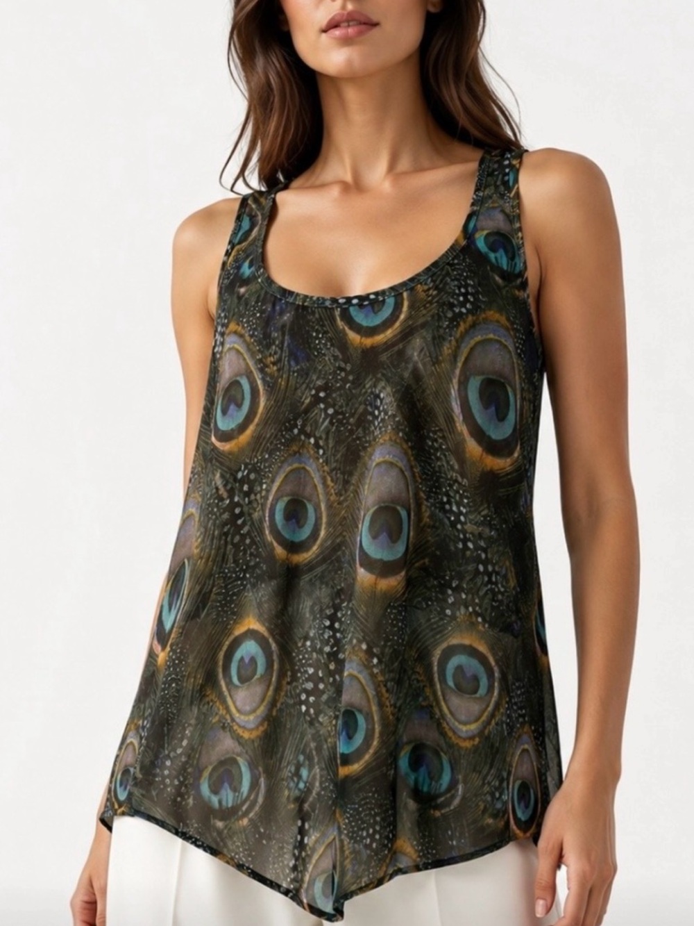 SHOW ME YOUR MUMU Peacock-Print Scoop Tank Top in Green and Blue Size Large
